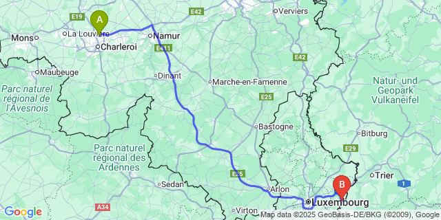 Map: Charleroi Airport Brussels South (CRL) to Wormeldange