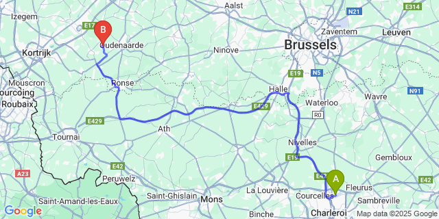 Map: Charleroi Airport Brussels South (CRL) to Wortegem-Petegem