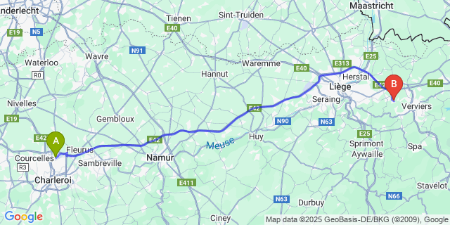 Map: Charleroi Airport Brussels South (CRL) to Xhendelesse