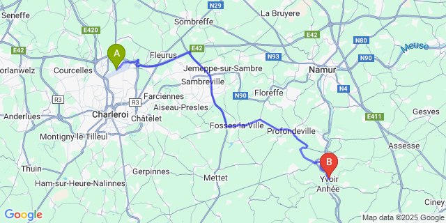 Map: Charleroi Airport Brussels South (CRL) to Yvoir