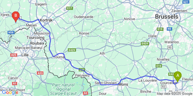 Map: Charleroi Airport Brussels South (CRL) to Zandvoorde (Ieper)