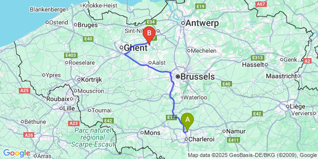 Map: Charleroi Airport Brussels South (CRL) to Zele