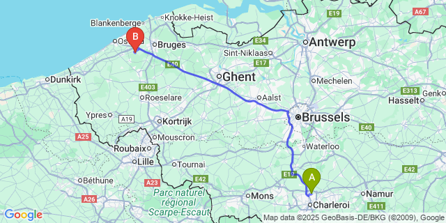 Map: Charleroi Airport Brussels South (CRL) to Zerkegem