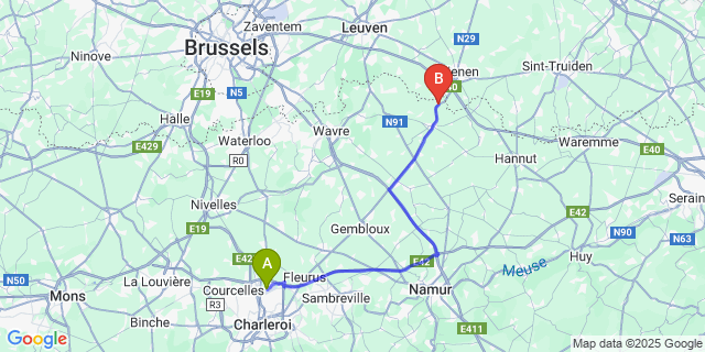 Map: Charleroi Airport Brussels South (CRL) to Zetrud-Lumay