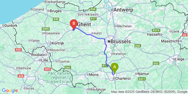 Map: Charleroi Airport Brussels South (CRL) to Zevergem
