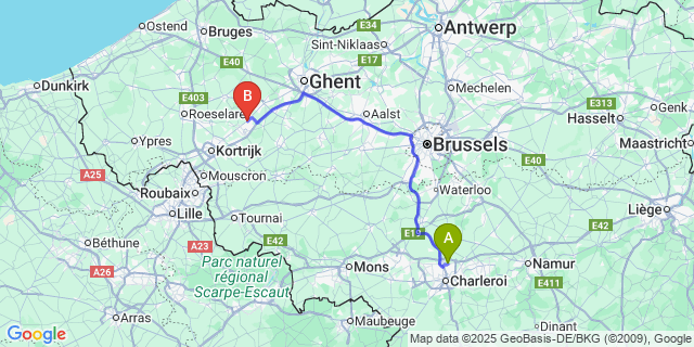 Map: Charleroi Airport Brussels South (CRL) to Zulte