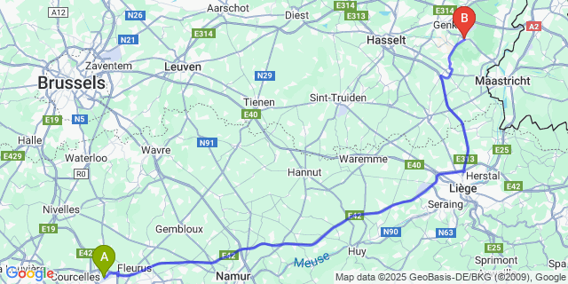 Map: Charleroi Airport Brussels South (CRL) to Zutendaal