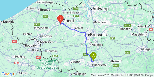 Map: Charleroi Airport Brussels South (CRL) to Zwijnaarde
