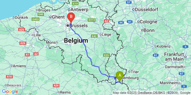 Map: Brussels Zaventem Airport (BRU) to Mondorf-les-Bains
