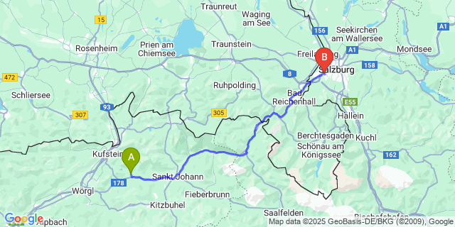 Map: Salzburg Airport (SZG) to Scheffau-am-Wilden-Kaiser