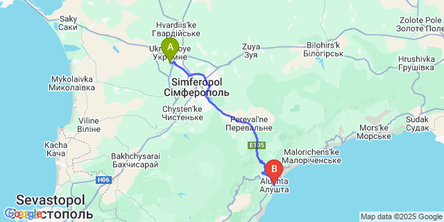Map: Simferopol Airport (SIP) to Alushta