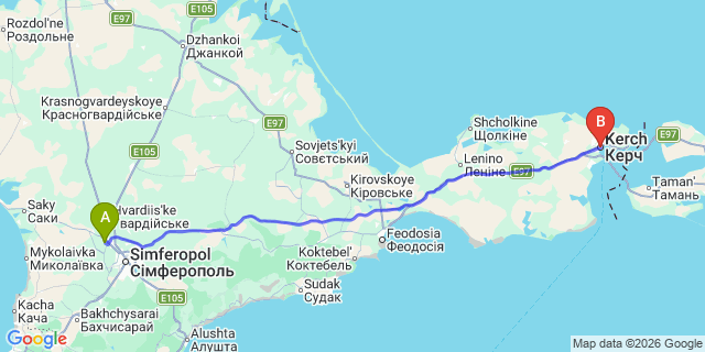 Map: Simferopol Airport (SIP) to Kerch