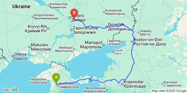 Map: Simferopol Airport (SIP) to Melitopol