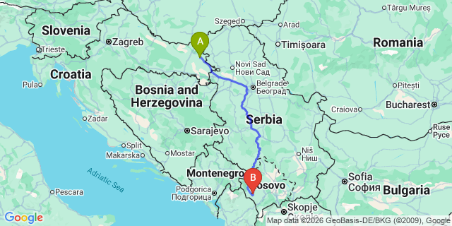 Map: Osijek Airport (OSI) to Belgrade city (all areas)