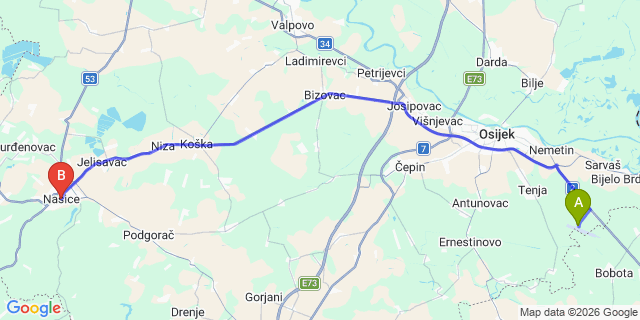 Map: Osijek Airport (OSI) to Nasice