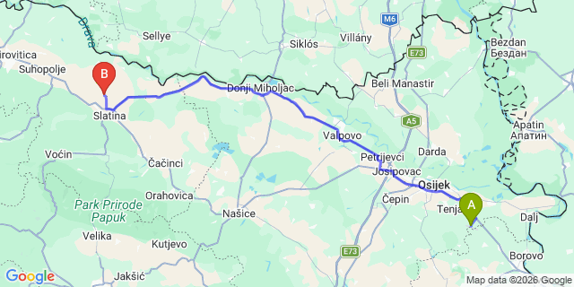 Map: Osijek Airport (OSI) to Pozega