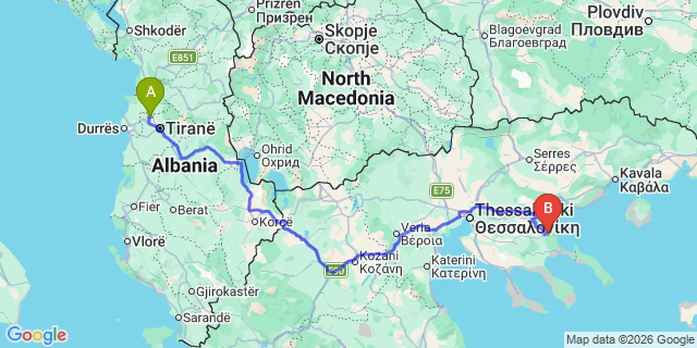 Map: Tirana Airport (TIA) to Athens city (all areas)