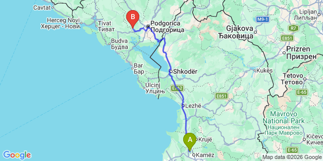 Map: Tirana Airport (TIA) to Bar