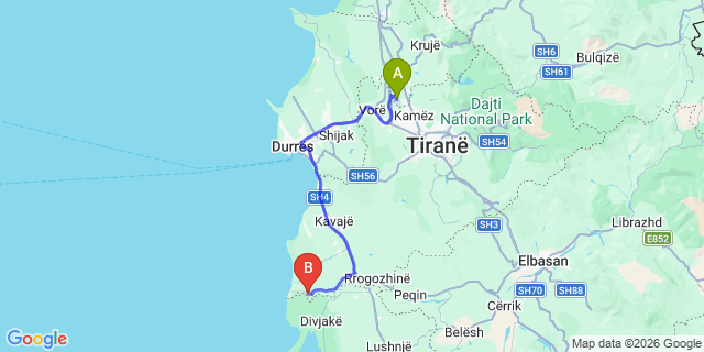 Map: Tirana Airport (TIA) to Bashtove