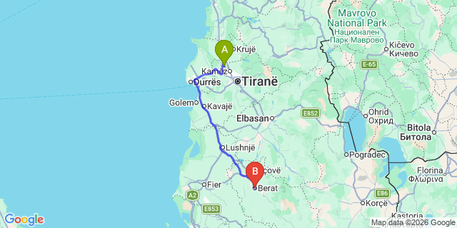 Map: Tirana Airport (TIA) to Berat