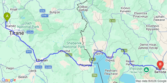 Map: Tirana Airport (TIA) to Bitolo