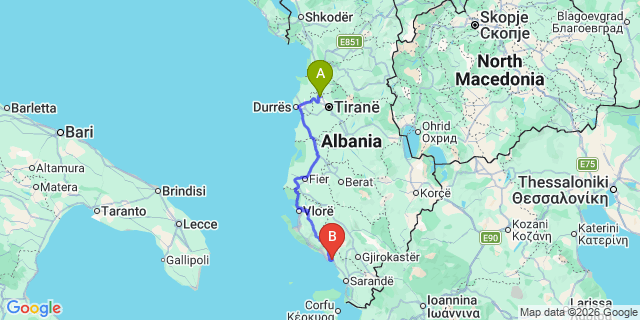 Map: Tirana Airport (TIA) to Borsh