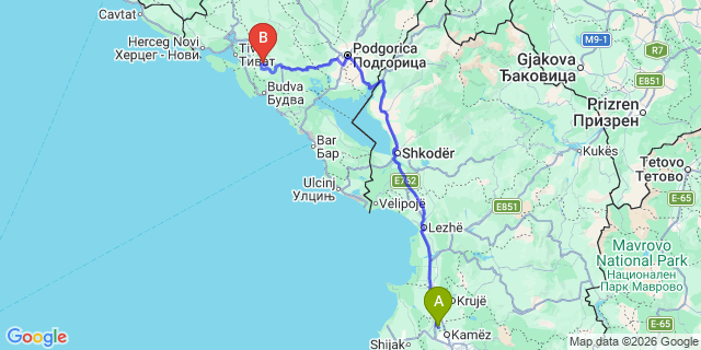 Map: Tirana Airport (TIA) to Budva