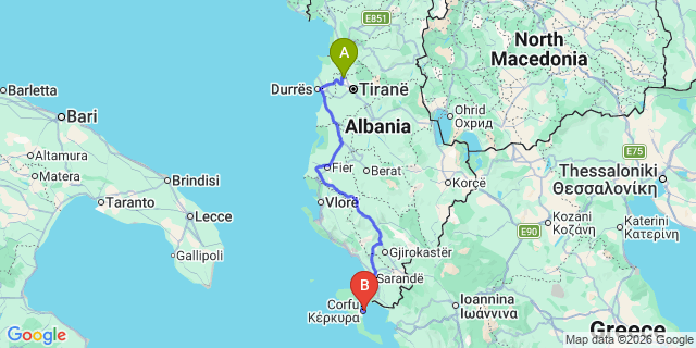 Map: Corfu city to Tirana Airport (TIA)