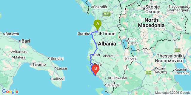 Map: Tirana Airport (TIA) to Dhermi