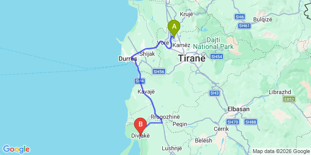 Map: Tirana Airport (TIA) to Divjake