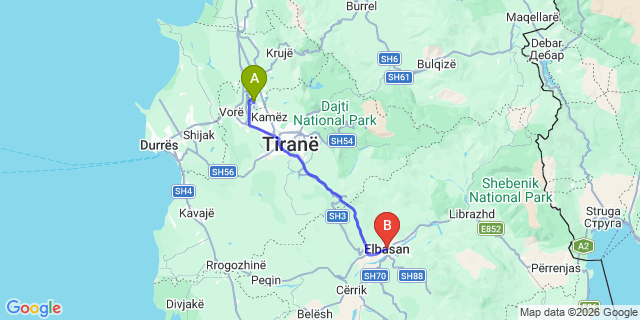 Map: Tirana Airport (TIA) to Elbasan