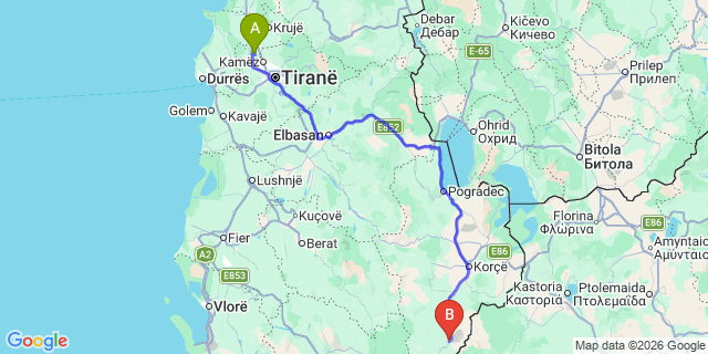 Map: Tirana Airport (TIA) to Erseke