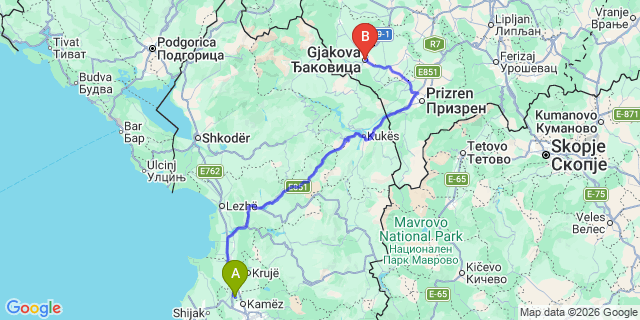 Map: Tirana Airport (TIA) to Gjakova