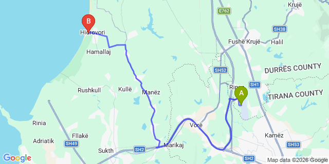Map: Tirana Airport (TIA) to Gjiri Lalzit