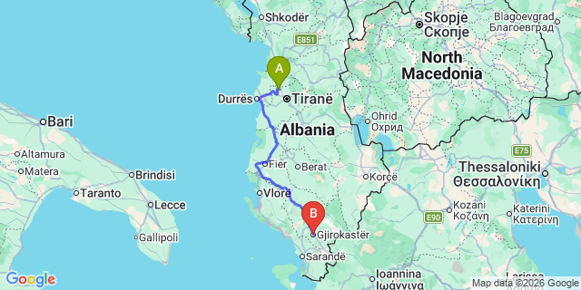 Map: Tirana Airport (TIA) to Gjirokastra