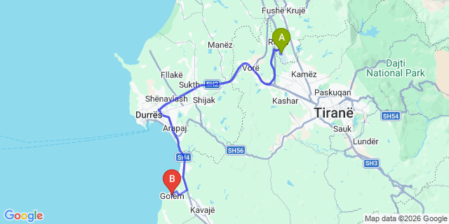 Map: Tirana Airport (TIA) to Golem