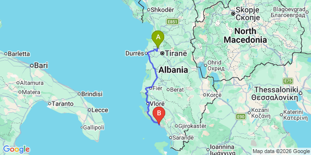 Map: Tirana Airport (TIA) to Himare