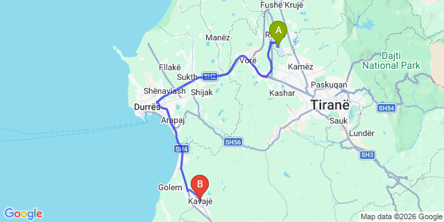 Map: Tirana Airport (TIA) to Kavaje