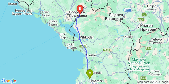 Map: Tirana Airport (TIA) to Kolasin
