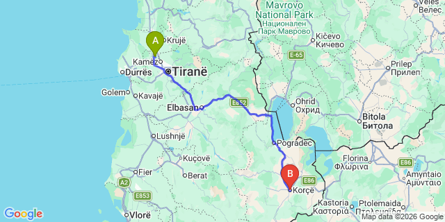 Map: Tirana Airport (TIA) to Korca