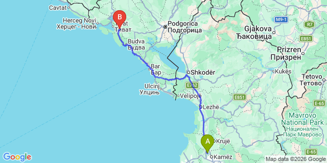 Map: Tirana Airport (TIA) to Kotor