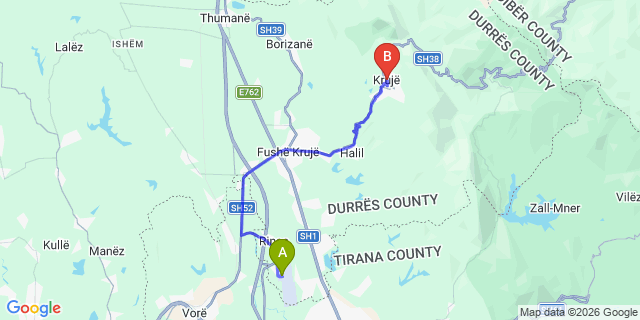 Map: Tirana Airport (TIA) to Krujë