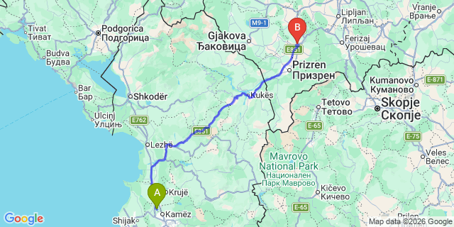 Map: Tirana Airport (TIA) to Ohrid