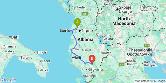 Map: Tirana Airport (TIA) to Permet