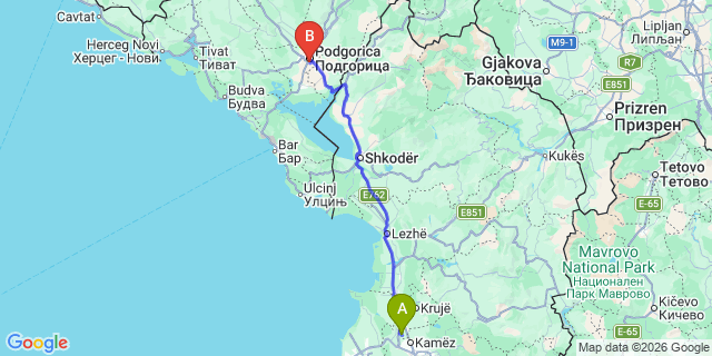 Map: Tirana Airport (TIA) to Podgorica