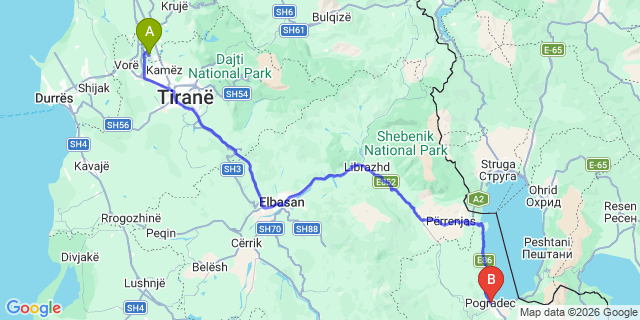 Map: Tirana Airport (TIA) to Pogradec