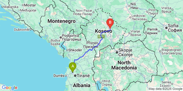 Map: Tirana Airport (TIA) to Prishtina