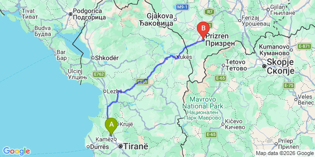 Map: Tirana Airport (TIA) to Prizeren