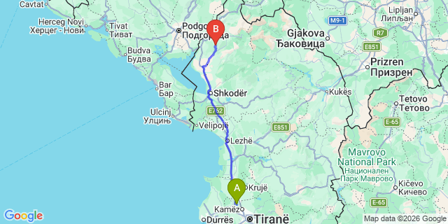 Map: Tirana Airport (TIA) to Razem