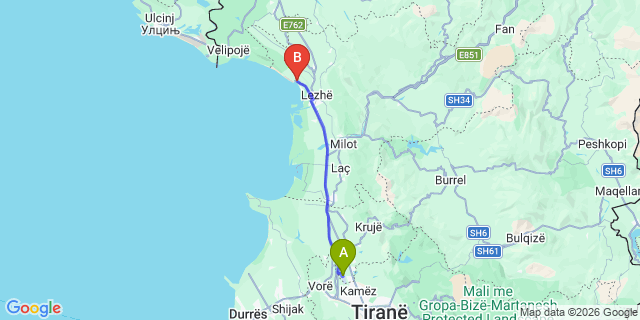 Map: Tirana Airport (TIA) to Shengjin